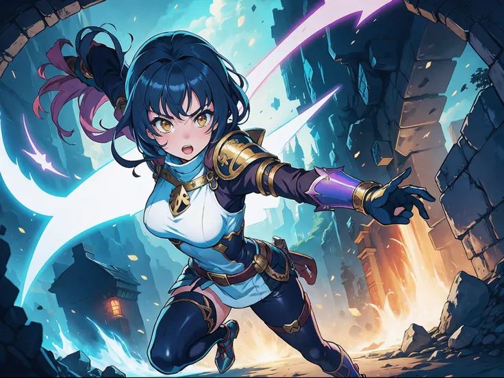 anime knight, one girl, fantasy style, action pose, bright colors, fighting, full body,scenery