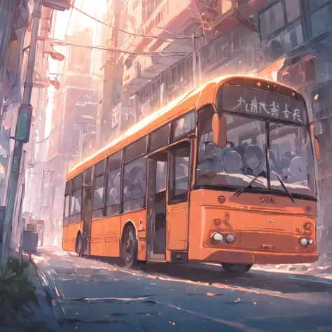 Real bus，driving on the street，the street，Realistic background，Background of details