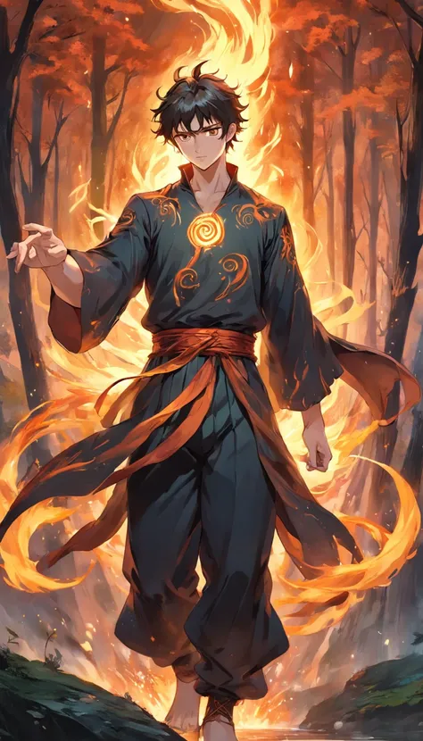 Amidst an ancient and overgrown forest, the essence of magic takes form through a young man, his hair as dark as the shadows and his eyes a radiant golden blaze. A mystical mark graces his neck, shimmering with latent power. Within a clearing, he stands en...