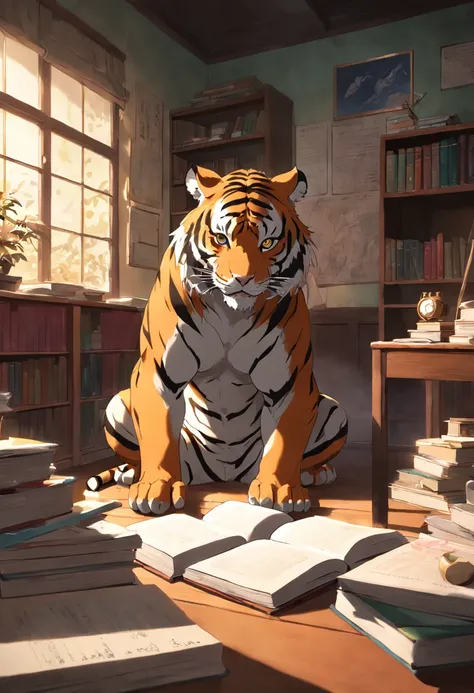 A humanoid tiger studying in the room,Anime style Ghibli