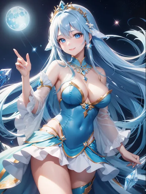 Pretty girl、a smile、Blue Long Hair、Engaging pose、Blue and white costume、Fantasia、Luminous Crystal、Crystal jade、constellation、a moon、Fantastic background