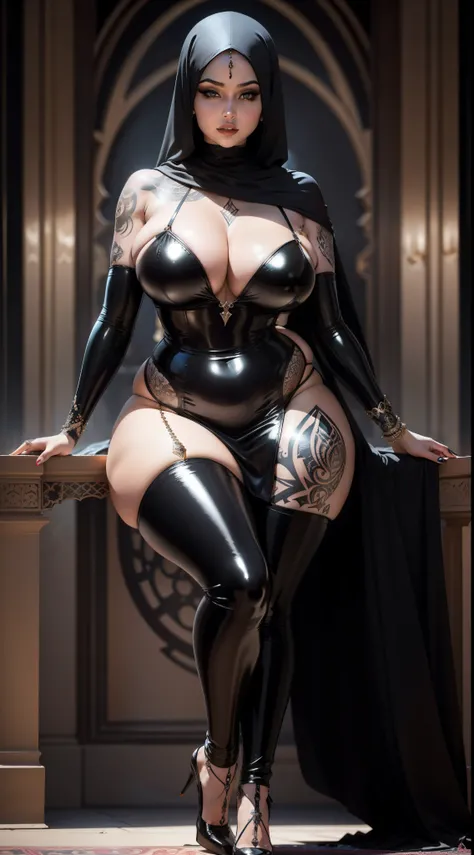 Curvaceous Iraqi woman adorned with intricate tattoos, dressed in a luxurious latex hijab, exuding the essence of a seductive Gothic witch, with high heels and an alluring pose.