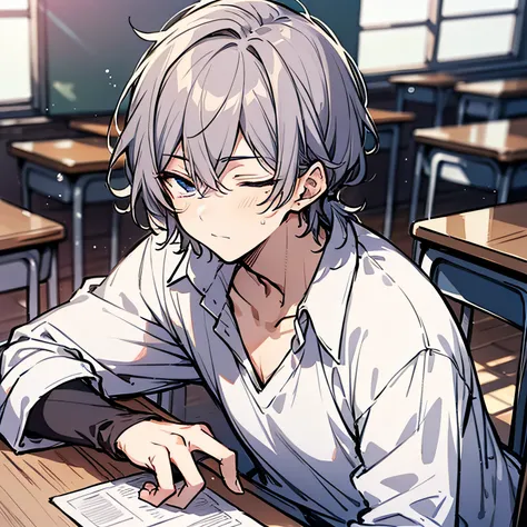 Around 18 years old, young anime man，short white hair 1.5，Wear a plain white shirt，Sit at a classroom desk and sleep on your stomach（Close your eyes1.5）（The background is in a classroom at school：1.5），Anime style 4K，Anime rendering，style of anime，8K finene...