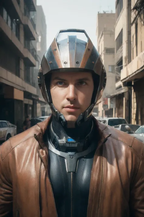 Portrait photo of an alpha male, perfect eyes, in a worn mecha suit, intricate, (steel metal [rust]), elegant, sharp focus, photo by greg rutkowski, soft lighting, vibrant colors, masterpiece, ((streets)), cowboy shot, dynamic pose,