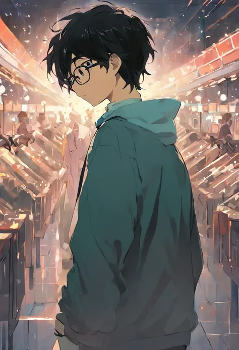 a teenager boy with black hair with eyeglasses, pushes his glass back to ward, 4k, illustrations.