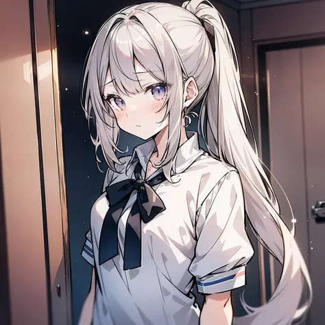 Anime girl around 10 years old，Double ponytail hairstyle 1.5，Long white hair 1.5，Wearing a plain white school uniform，Stand in front of the classroom door（Frown 1.5）（Blush 1.5）（The background is in a classroom at school：1.5），Anime style 4K，Anime rendering，...