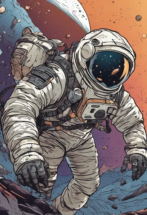 An adventurous man character wearing an advanced space exploration suit, explorando planetas desconhecidos