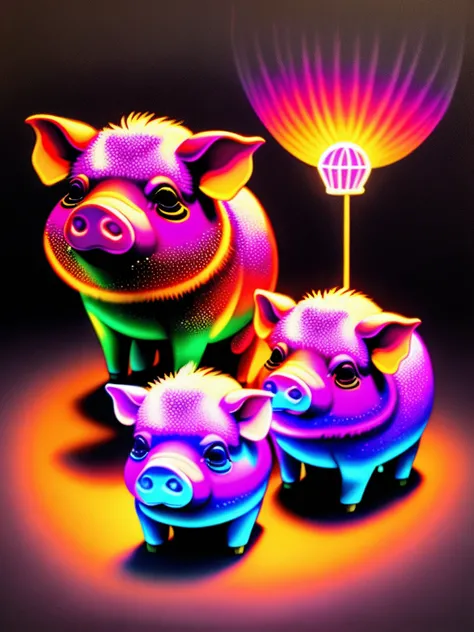 A painting of colorful pigs on a black background，breath-taking rendering，Within a radiant connection，Inspired by Kinuko Y. Craft，，Magical elements， much wow，Its beautiful，Cast colorful spells，Bright flash，flash lights