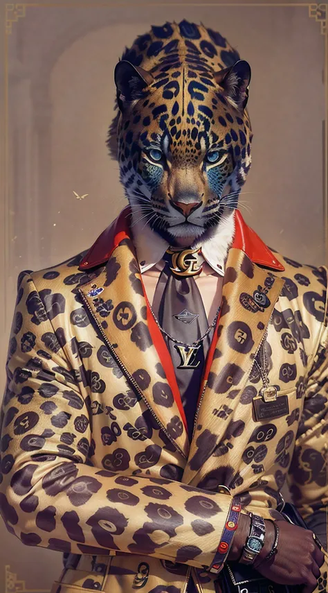 ((no human)), a jaguar, wearing Louis Vuitton, Zara, H&M, Hermes, Gucci, Chanel, Burberry, Prada, Coach, Armani, perfect body, side looking eyes, (masterpiece of photo manipulation), (stunning shots), (details eyes),