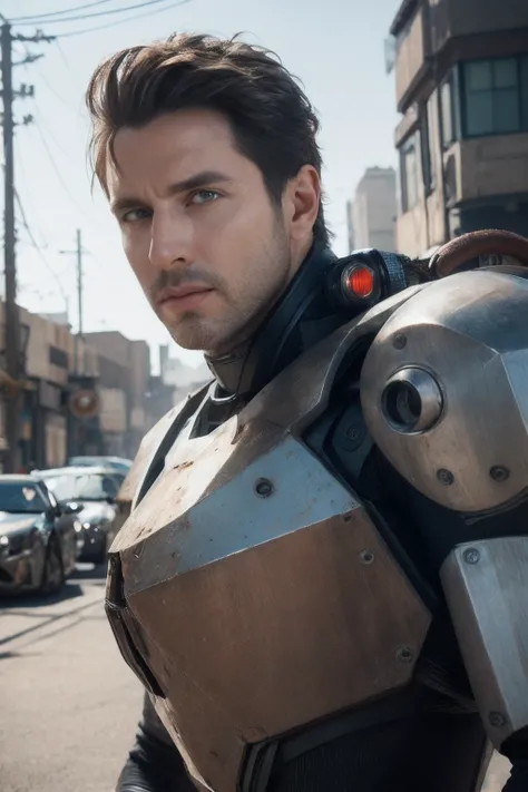 Portrait photo of an alpha male, perfect eyes, in a worn mecha suit, intricate, (steel metal [rust]), elegant, sharp focus, photo by greg rutkowski, soft lighting, vibrant colors, masterpiece, ((streets)), cowboy shot, dynamic pose,