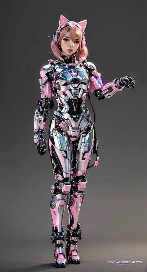 Woman in futuristic outfit，Pink hair and cat ears, female robot, gynoid cyborg body, barbie cyborg, hajime sorayama designed girl, female cyborg, cyborg fashion model, Fully robotic!! Girl, girl in mecha cyber armor, cyborg - girl, cybersuit, cyber suit, S...