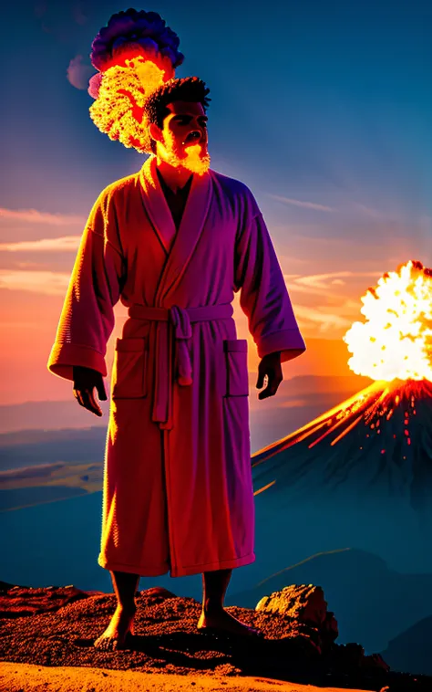 (Marc Rebillet, bathrobe, standing atop an erupting volcano, billowing smoke, vibrant and vivid colors, brilliant lighting, sun-drenched day, abundant sunshine, optimal lighting)