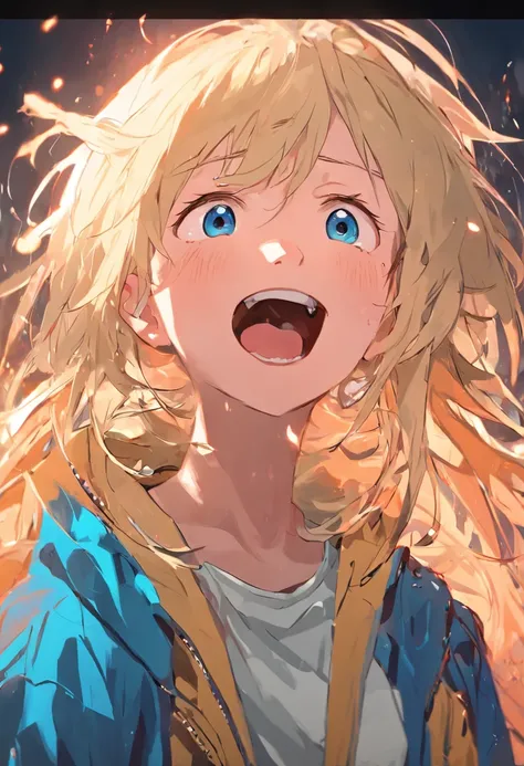 a teenager with blonde hair blue eyes started laughing uncontrollable, 4k, illustration.