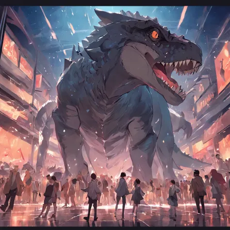 Dinosaurs carry wolves，Museum，nigth，Open your mouth，irate，And the bus in one picture，Collision with a bus，strike，The action is exaggerated