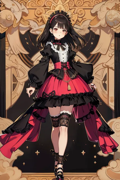 Short Lolita，opulent，blackpink，longer sleeves，Puffy skirt，Lace edges，Full body view of the front