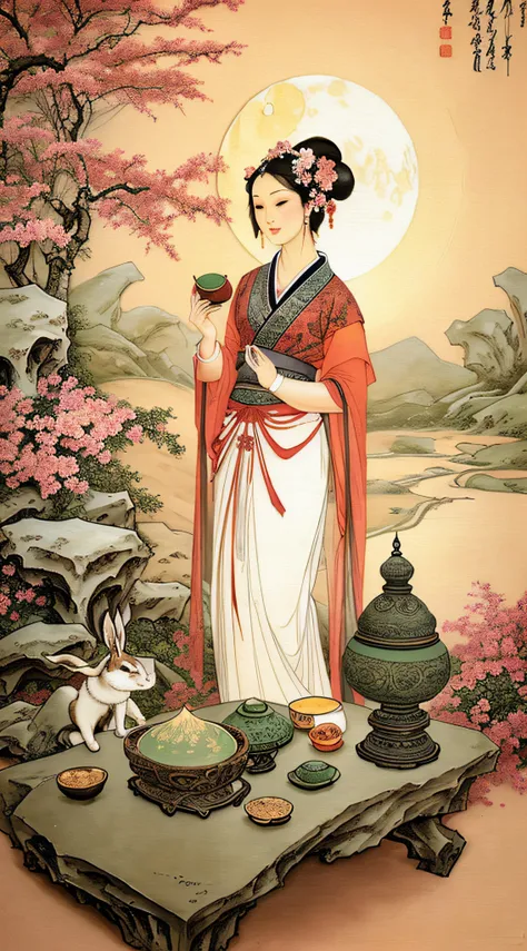 Masterpiece, Best quality,(full bodyesbian:1.3), Solo,chinese paintings,Beautiful face and eyes details of a Chinese girl,
Perfect skin,make happy expressions,Gorgeous,Pure,light make-up,Jade jewelry,hair adornments,Hair Band,moon full,incense burner table...