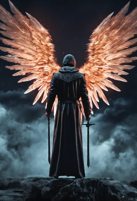 Realistic, 4k, Cinematic, Angel with large wings on his back, Black clothes, a sword, hood on the head against the background of the image of the war (Chaos), Masterpiece