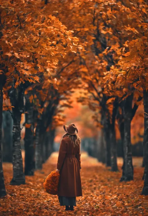 Beautiful woman looking at autumn leaves