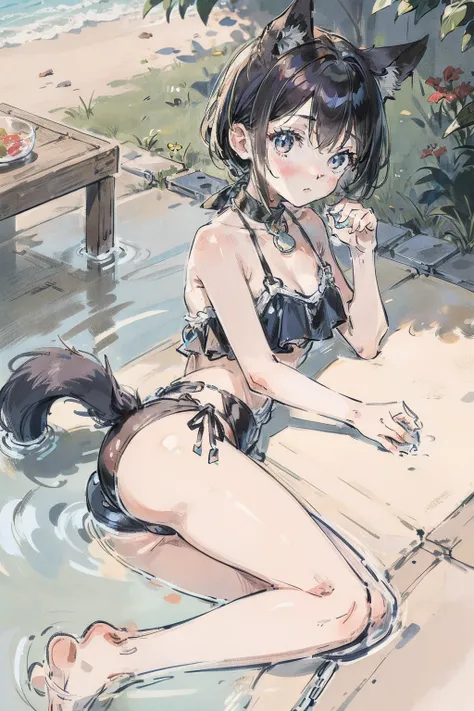 Little girl in a bathing suit with a dog chain around her neck and a dogs tail on her ass lying on the ground drinking milk