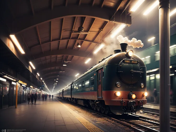 Late night train platform，The lighting is dim，The steam train came slowly，The platform is empty