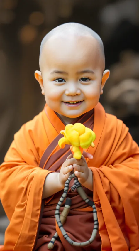 A little monk with a toddler，had his hands folded，sit with legs crossed，Orange monk robe，Perfect facial features，face to the viewer，with black background