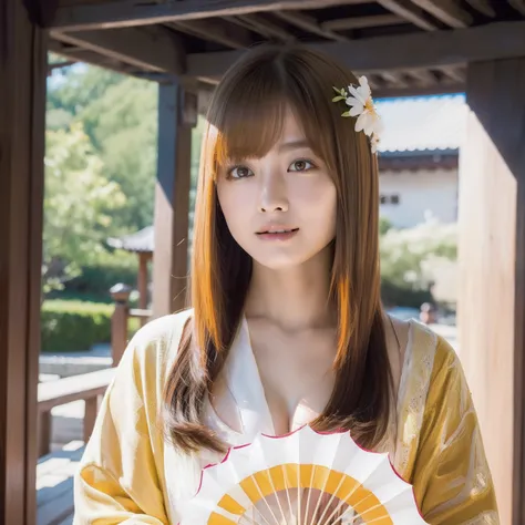 ​masterpiece、(Photorealsitic:1.5)、top-quality、beautiful  lighting、real life、 Nami (onepiece), 1girl in, architecture, cherry trees, East Asian Architecture, petals falling, golds, komono, kimono, Log Pose, length hair, look at viewr, Opening Mouth, orange ...