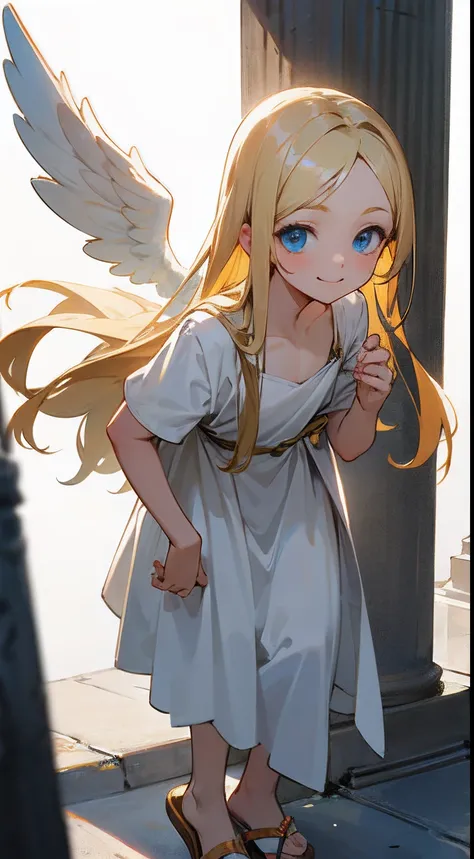 Blonde longhair、Angel wings、White clothes in ancient Greece、Ancient Greek sandals、de pele branca、small stature、Smaller chest、Young Face、innocent smiles、Pure white background、Blue eyes、