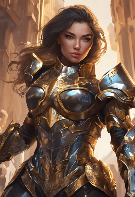 a close up of a woman in a black and gold costume, armor girl, stunning character art, epic exquisite character art, extremely detailed artgerm, gorgeous female paladin, by Yang J, of a beautiful female knight, hyperdetailed fantasy character, ig model | a...