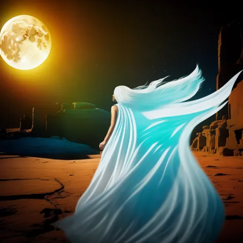 An ancient woman，Turn your back to the moon，Long flowing hair