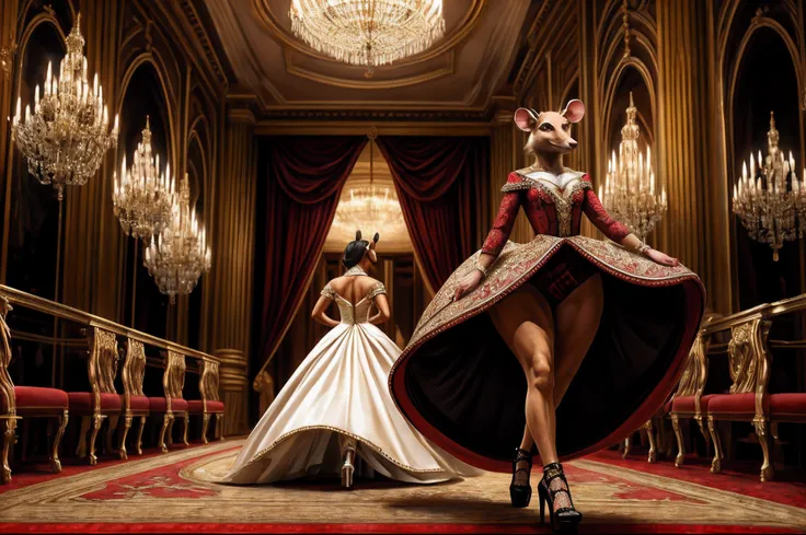 RAW photo, best, masterpiece, best quality, high quality, extremely detailed, a pompous rat in an extravagant ball gown, wearing high-heeled shoes and a high-end bag, walking down a fashion catwalk, hyper-realistic detailed representation, elegant pose , p...