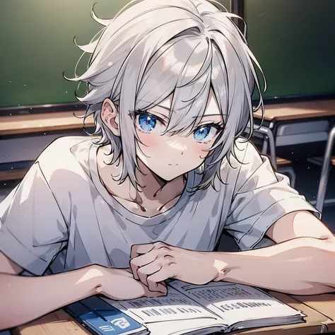 Around 18 years old, young anime man，short white hair 1.5，Wear a plain white shirt，Sit at a classroom desk and sleep on your stomach（Close your eyes1.5）（The background is in a classroom at school：1.5），Anime style 4K，Anime rendering，style of anime，8K finene...