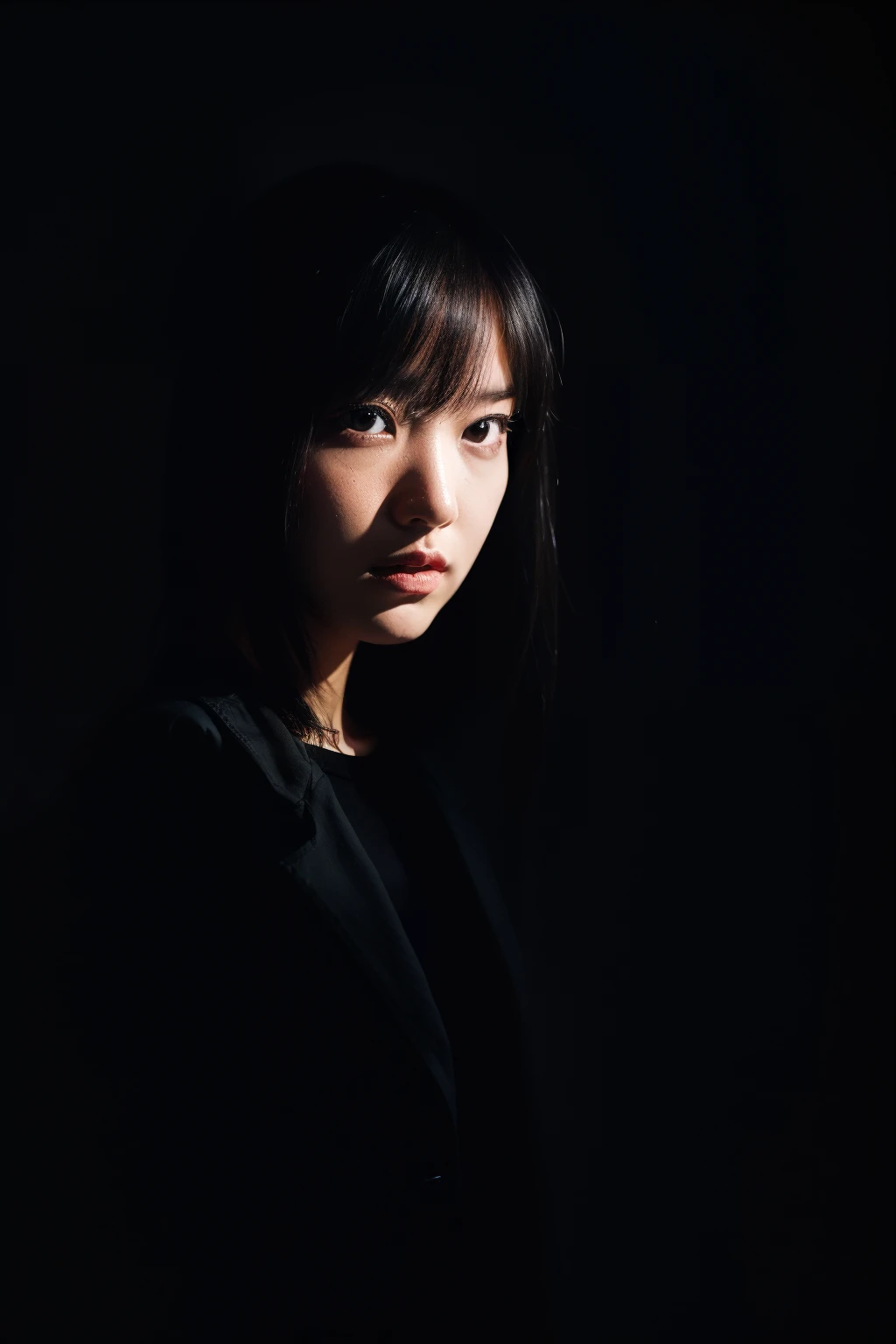 one-girl，deep dark background，hard light