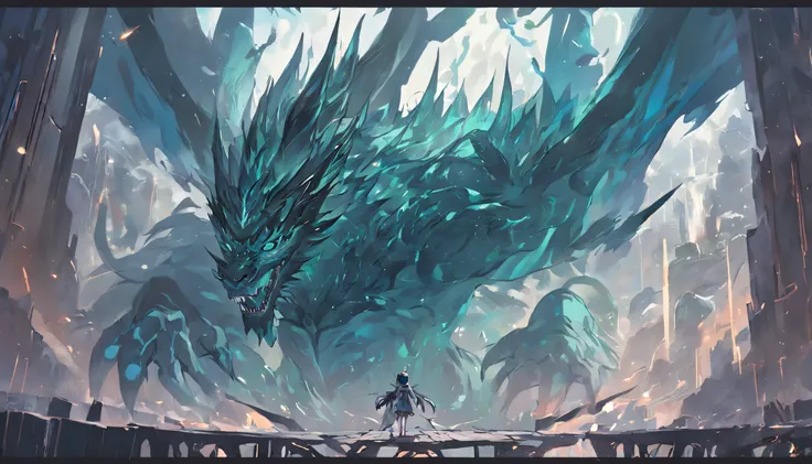 Legendary artwork，Blue Dragon God，Dark green body，Elongated body：1.5，Hovering in the clouds，Looming，Overlooking the palace above ground in the air，Mountains and trees，epic art，official works