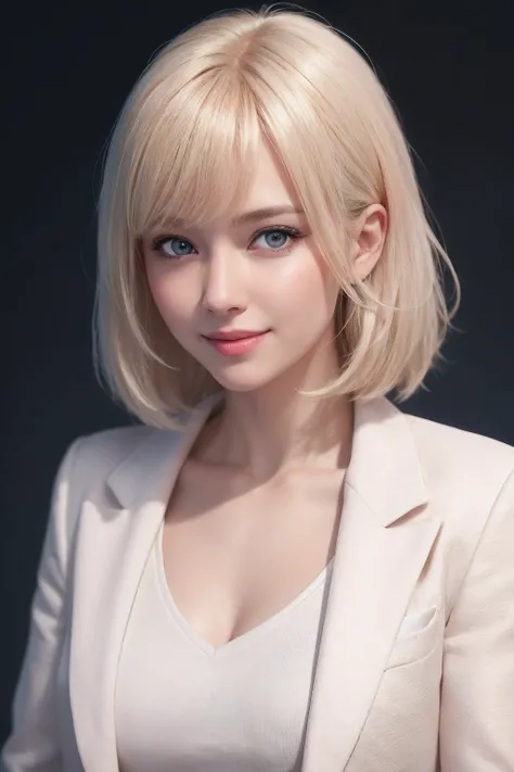 1girl, star eye, blush, perfect illumination, semi blonde hair, sidelighting, bangs, bright skin, white jacket, simple background, mature female, full smile, bird eye shot, full hd picture, octane render,