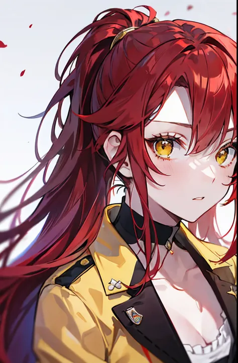 Ponytail , long hair, red hair, yellows golden eyes, cold girl , cool girl, bad girl, beauty girl, high school girl, royal, portrait, a princess,