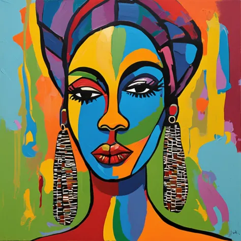 Black Womens Face Painting, AfrO - Brazilian ethnicity, On a colorful background, Abstract face, abstract portrait, Stylized face, Pop Art Painting, Expressive detail face, expressive feminine face, Inspired by Picasso, Pop Art Painting, Beautiful expressi...