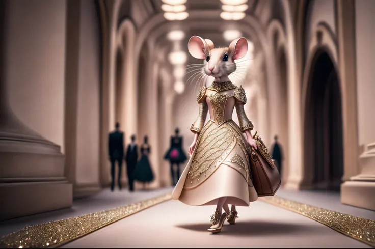 RAW photo, best, masterpiece, best quality, high quality, extremely detailed, a very feminine rat in a couture dress, high heels and a high-end bag, walking down a fashion runway, hyper-realistic detailed representation, elegant pose , professional lightin...