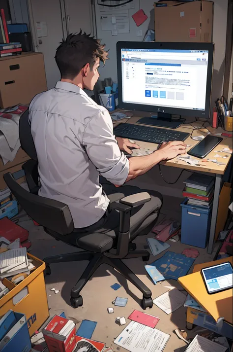 Man playing on the computer in a very messy room