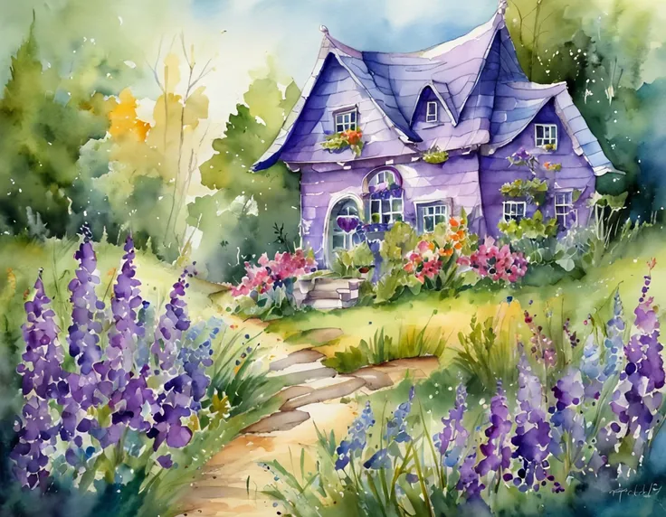 a magical purple and blue house, in the forest,