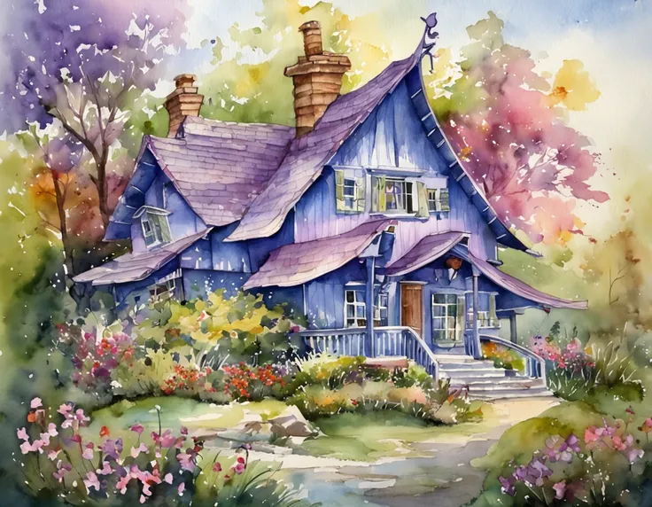 a magical purple and blue house, in the forest,