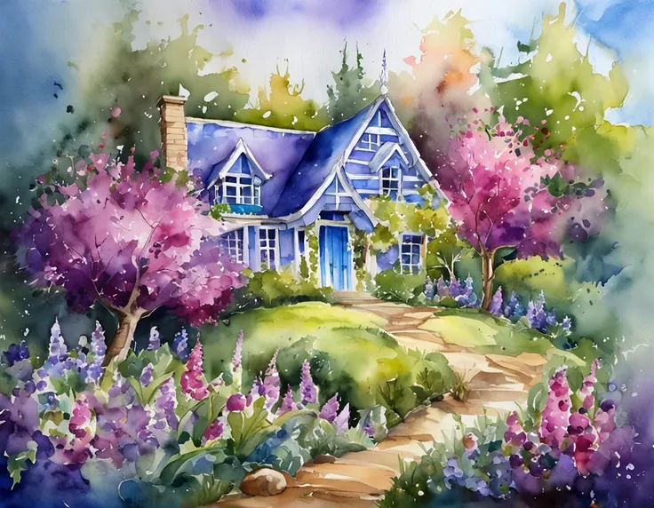 a magical purple and blue house, in the forest,