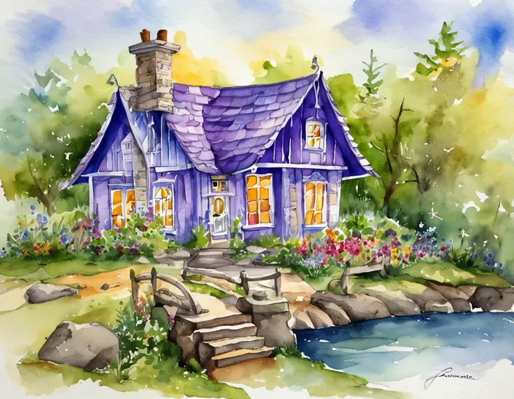 a magical purple and blue house, in the forest,