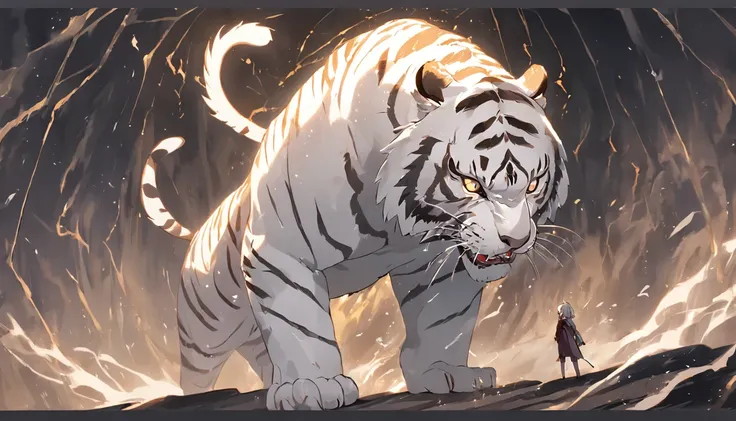 legendary masterpiece,the fantacy imagine of white Tiger,golden bright eyes,vicious and fierce thunder bolt,step upon the rock which cracked by Its strength,silver and white light luminated the dark heavy night,