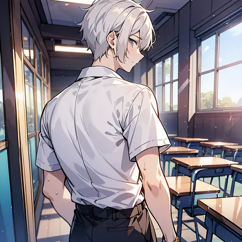 Around 18 years old, young anime man，short white hair 1.5，In a white blouse shirt，Stand with your back to the camera at the door of the classroom（Back 1.5）（Frown 1.5）（Sweat 1.5）（The background is in a classroom at school：1.5），Anime style 4K，Anime rendering...