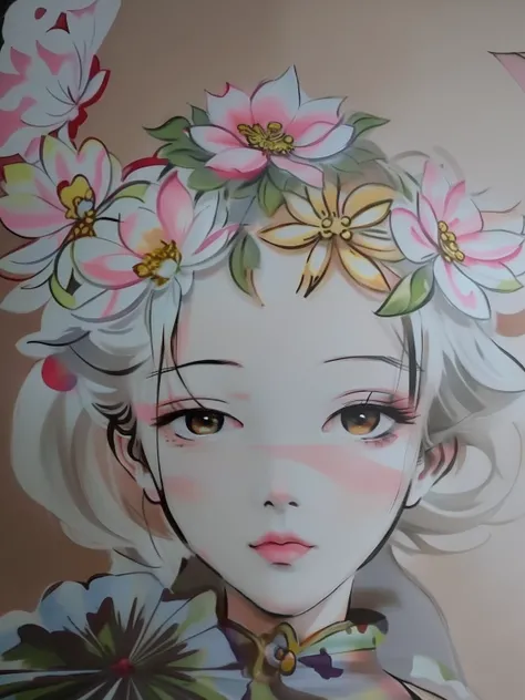 painting of a woman with a flower crown on her head, lotus floral crown girl, inspired by Miho Hirano, Middle metaverse, she has a crown of flowers, Guviz, flower queen, flower head, a beautiful anime portrait, Soft anime illustration, drawn in anime paint...