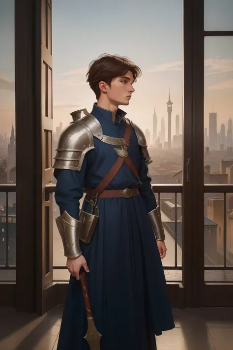 A present-day depiction of a young knight in shining armor, ready for a new adventure in 2023, dressed in contemporary urban fashion amidst a backdrop of city lights, painted in the noble and romantic style of Sir Edward Burne-Jones.