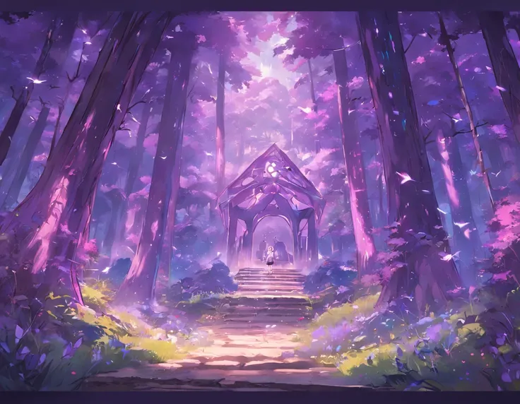 a magical purple and blue house, in the forest,