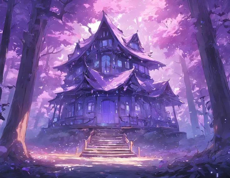 a magical purple and blue house, in the forest,