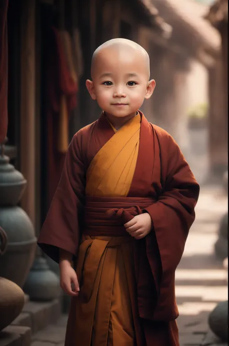 A child in a monks robe stands in a narrow alley, monk clothes, portrait of monk, buddhist monk, wearing brown robes, monk, 2 1 st century monk, Portrait shooting, wojtek fus, full body picture of a male monk, dressed in simple robes, Buddhist, little boy ...