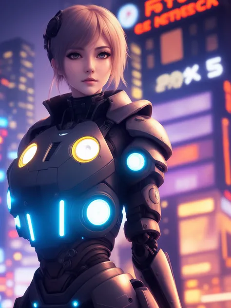 Mechanical girl，cyber punk perssonage，facial closeups，Large breasts，Long legs，city neon light，Pure，二重まぶた，Delicate faces，with fair skin，Incredibly ultra-detailed，stunningly realistic，beautidful eyes,Walk the streets of the city at night，Neon lights，dual hor...